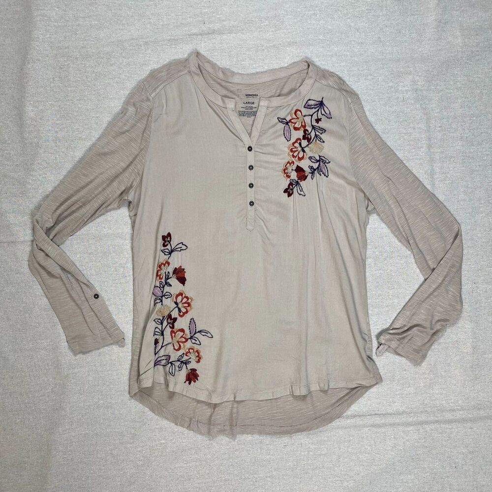 Sonoma | Beige Long Sleeve Top With Floral Embroidery | Large